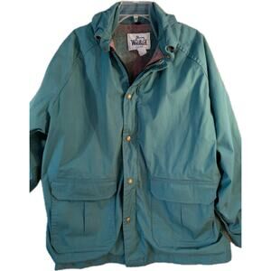 Vintage Woolrich Barn Coat Womens Large Teal Sunset Plaid Lining - 80s 90s USA
